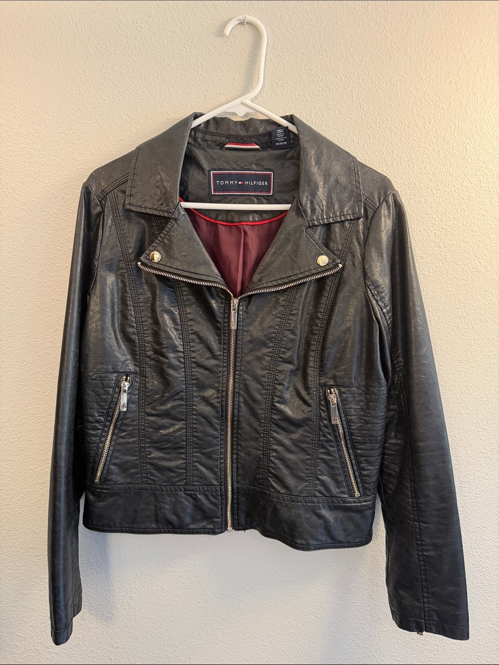 Tommy Hilfiger Black Faux Leather Moto Jacket with Burgundy Lining